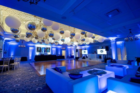 Graffiti Themed Bar Mitzvah with White & Silver Ceiling Balloons, Custom LED Lounge,  Blowup Photo & Initial over Bar and Blue Uplighting at Preakness Hills Country Club