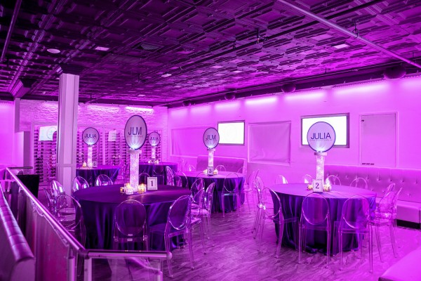Bat Mitzvah at Rain with Custom Table Sign and Logo Topper Centerpiece