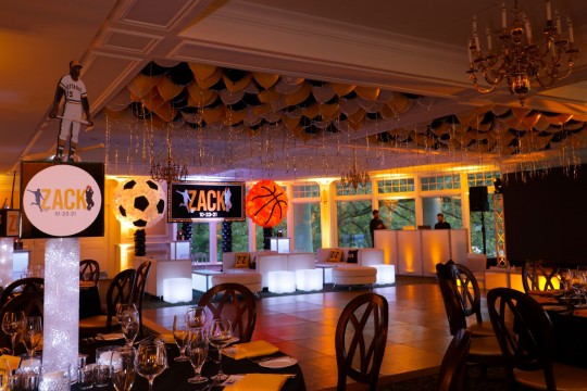 Bar Mitzvah at Scarsdale Golf Club with Loose Balloons Over Dance Floor, Sports Balloon Sculpture, Custom Backdrop and Sports Theme Centerpiece