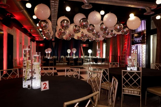 Bat Mitzvah Party Room with White & Silver Ceiling Balloons & LED Orchid Centerpieces at The Hotel Nyack