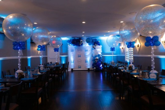50th Birthday Party with Sparkle Balloon Centerpieces, Custom Step & Repeat and Balloon Garland at El Toro, Congers