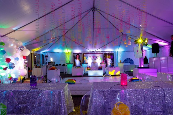 Tent Bat Mitzvah Party with Slinky Ceiling Treatment, Custom Bracelet Lounge Centerpiece, Organic Balloon Wall and Custom Backdrop