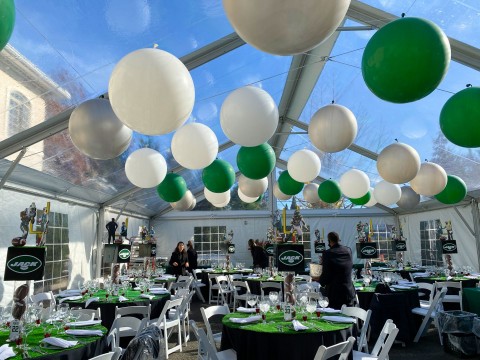 Jets Themed Bar Mitzvah Tent Party with Large Balloons Ceiling Treatment and Football Centerpiece