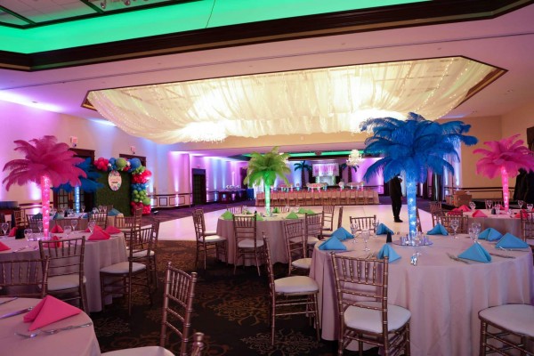 Tropical Themed Bat Mitzvah with LED Feather Centerpieces & Custom Backdrop at Temple Emanu-el, Closter