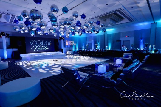 Blue Club Themed B'nai Mitzvah with Metallic Orbz Ceiling Install, Custom Wrapped Dance Floor, Neon Centerpieces & LED Uplighting at Greenwich Hyatt