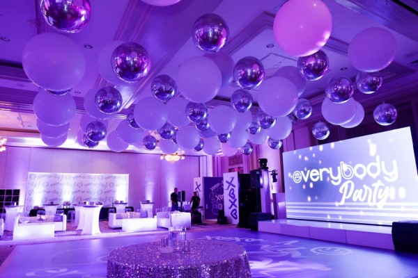Lavender Bat Mitzvah with Ceiling Balloon Treatment, LED Lounge & Custom Logo Mural at the Hilton, Woodcliff Lake