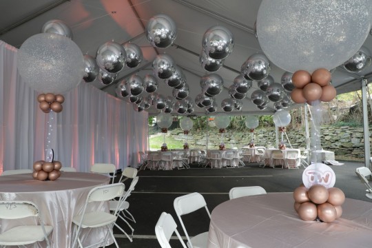 Bat Mitzvah in a Tent at Young Israel of Scarsdale with Silver Metallic Orbz Ceiling Treatment and LED Sparkle Balloon Centerpiece