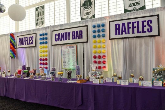 Candy Bar & Raffle Setup with Giant Button Candy Display for Fundraiser
