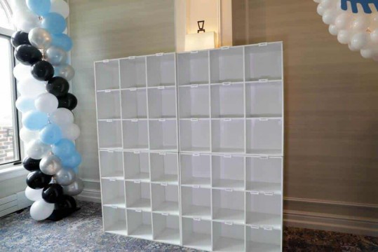 White Cubbies with Custom Labels for Bar Mitzvah Lounge