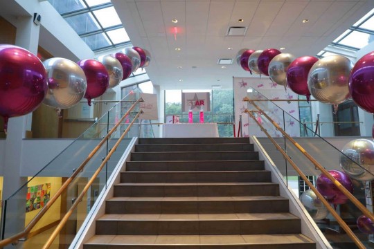Balloon Scape on Railing with Hot Pink & Silver Metallic Orbz