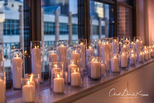 Pillar Candle Display as Backdrop for Bat Mitzvah Service at Tribeca 360, NYC