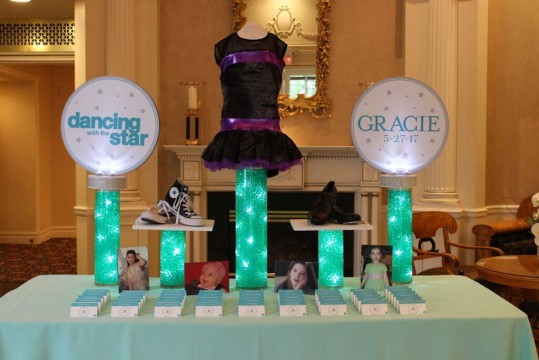 LED Dance Themed Seating Card Display with Costume, Dance Shoes & Custom Logo