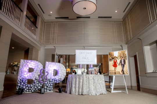 Stunning Entrance Decor for Engagement Party, with Candy Bar Style Signage, Custom Photo Gift Box, Custom Photo Sign in Board, Framed Invite, Floral Arrangement and Mosaic Balloon Letters