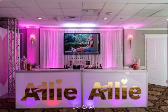 Custom LED Bar with Metallic Gold Logos for Valentines Themed Bat Mitzvah at Cedar Hill Country Club