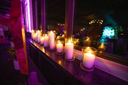 Various Heights Pillar Candles Display for Bat Mitzvah at Hudson Loft, Irvington