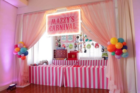 Carnival Booth Setup with Pink Draping & Marquee Sign for Bat Mitzvah at Midown Loft