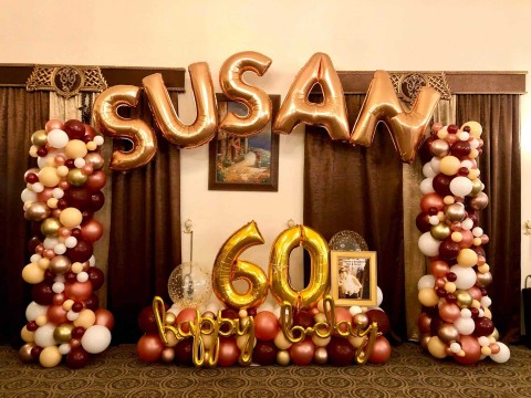 Mylar Name in Balloons with Organic Balloon Columns for 60th Birthday at Terrace on the Hudson
