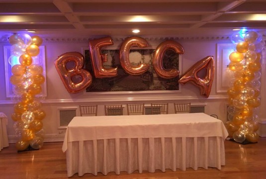 Gold Name in Balloons with Balloons Columns & Lights