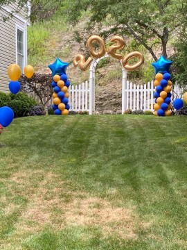 2020 Mylar Letters Arch with Blue & Gold Balloon Columns for Graduation