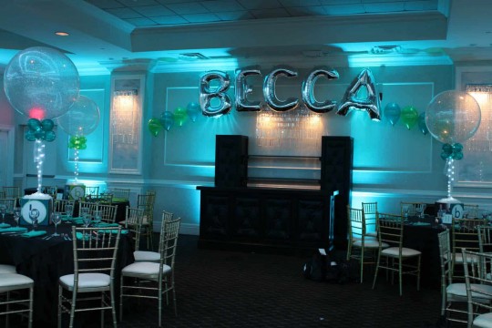Mylar Name in Balloons Arch with Teal & Lime Latex Balloons