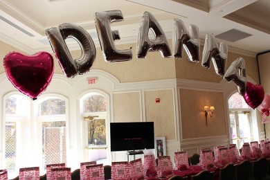Silver Name in Balloons with Hot Pink Mylar Heart Balloons