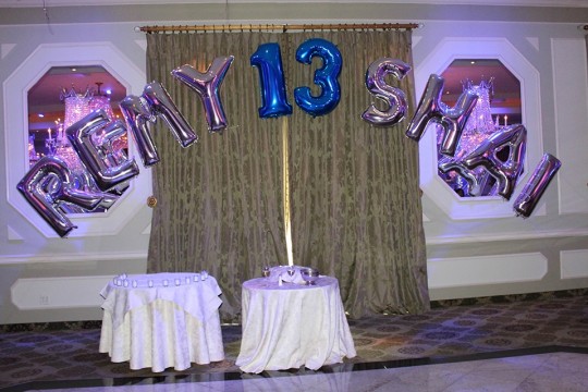 Bnei Mitzvah Silver Name in Balloons with Blue Number Mylar Balloons