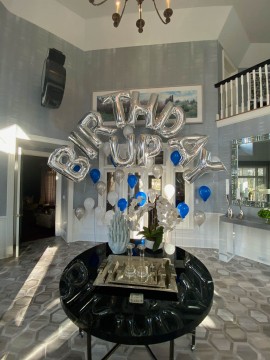 Birthday Mylar Balloon Arch with Blue & Silver Balloon Scape
