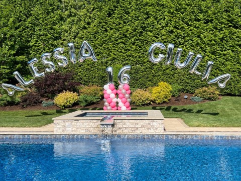 Mylar Name Balloon Arch with Balloon Columns  for Outdoors Pool Party