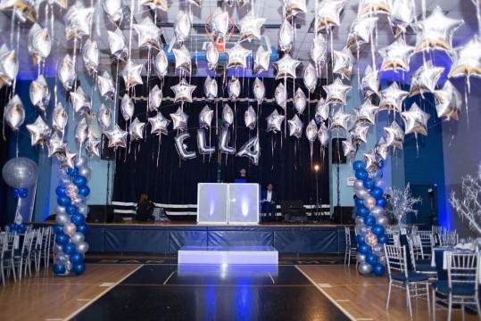 Bat Mitzvah Mylar Name in Balloons with Canopy over Dance Floor