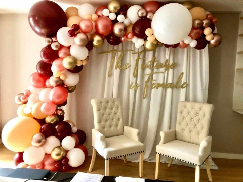 Rustic Themed Balloon Arch with Custom Draping & Glitter Lettering for Zoom Baby Shower