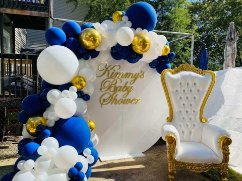 Navy, White & Gold Balloon Arch with Custom Acrylic Wall for Outdoor Baby Shower