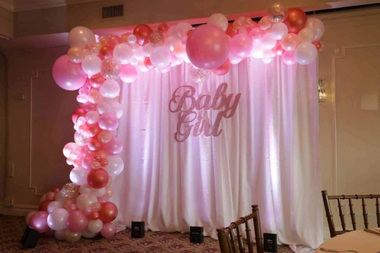 Rose Gold Organic Balloon Arch with Gold Glitter Balloons & Custom LED Backdrop