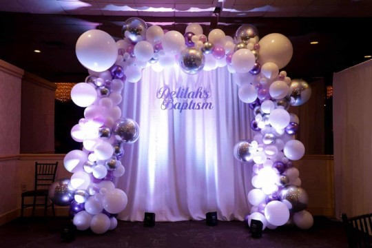 Lavender & Silver Organic Balloon Arch with Custom LED Backdrop  for Baptism