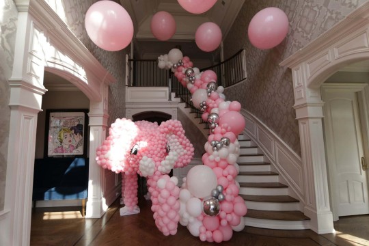 Pink Elephant Balloon Sculpture with Organic Balloon Garland for Home Party