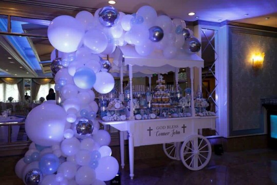 Pale Blue & White Organic Balloon Arch with Silver Orbz Accents for Christening