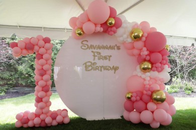 Organic Half Arch for Baby Shower Over Acrylic Wall With Signage and Number Sculpture Balloon for Outdoor First Birthday Decor