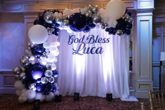 Navy & White Organic Half Arch over Backdrop With Custom Sign