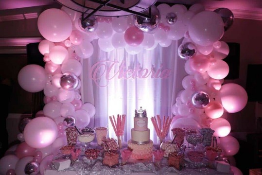 Light Pink & White Organic Balloon Arch with Metallic Silver Accents and LED Drape for 4th Birthday Candy Bar Setup