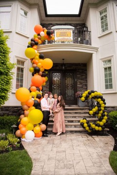 Construction Theme Organic Balloon Arch Over Entryway & Stairway for Outdoor Birthday Decor