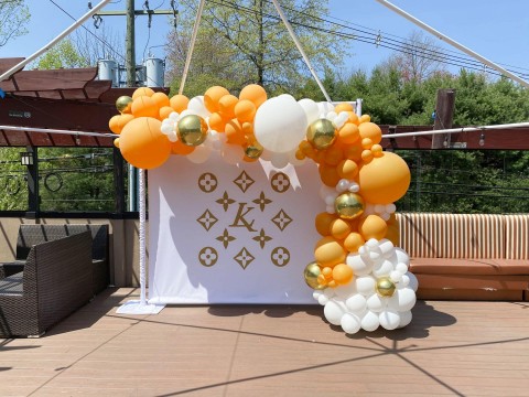 Photo Op Organic Balloon Arch over Step & Repeat for Outdoors Event Decor
