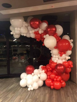 Red & White Organic Balloon Arch for Corporate Event