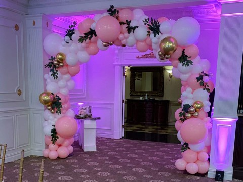 Pink, White & Gold Organic Balloon Arch over Entrance to Sweet Sixteen