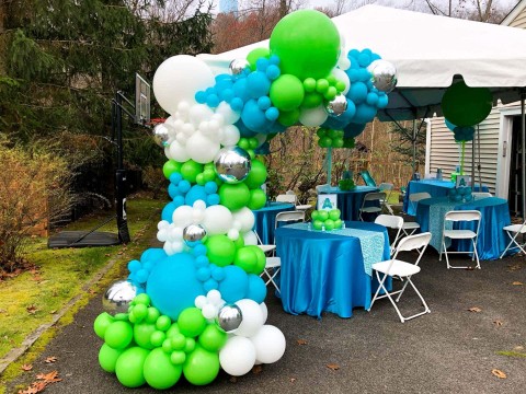 Lime & Turquoise Balloon Sculpture for Outdoor Tent Bat Mitzvah