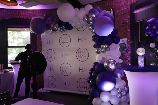 Custom Step & Repeat with Purple & Lavender Balloon Garland for Bat Mitzvah at Hudson Social