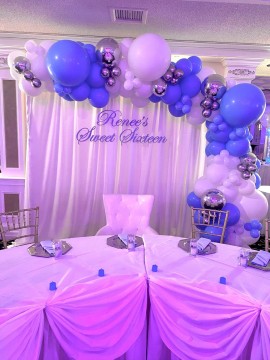 Light Blue & Silver Balloon Garland with Custom Glittered Sign for Sweet Sixteen