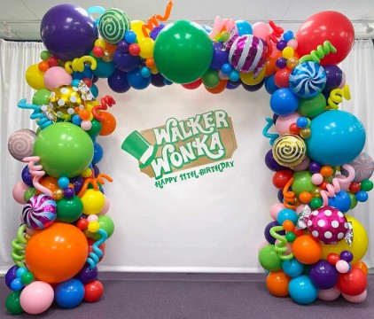 Willy Wonka Balloon Arch with Mylar Candy Balloons & Custom Logo Backdrop