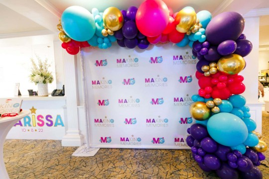 Bat Mitzvah Balloon Garland with Custom Step & Repeat for Bat Mitzvah at Fairview Country Club