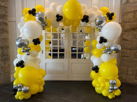 Yellow & White Organic Balloon Garland with Silver Metallic Orbz for Bat Mitzvah at Fenway Golf Club