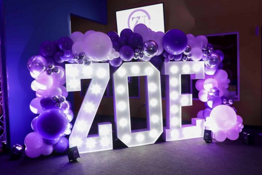 Purple & White Balloon Garland over LED Marquee Name for Bat Mitzvah Entrance