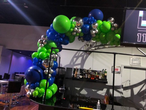 Green and Royal Blue with Silver Accent Organic Half Balloon Arch over Bar for Bat Mitzvah Party Decor
